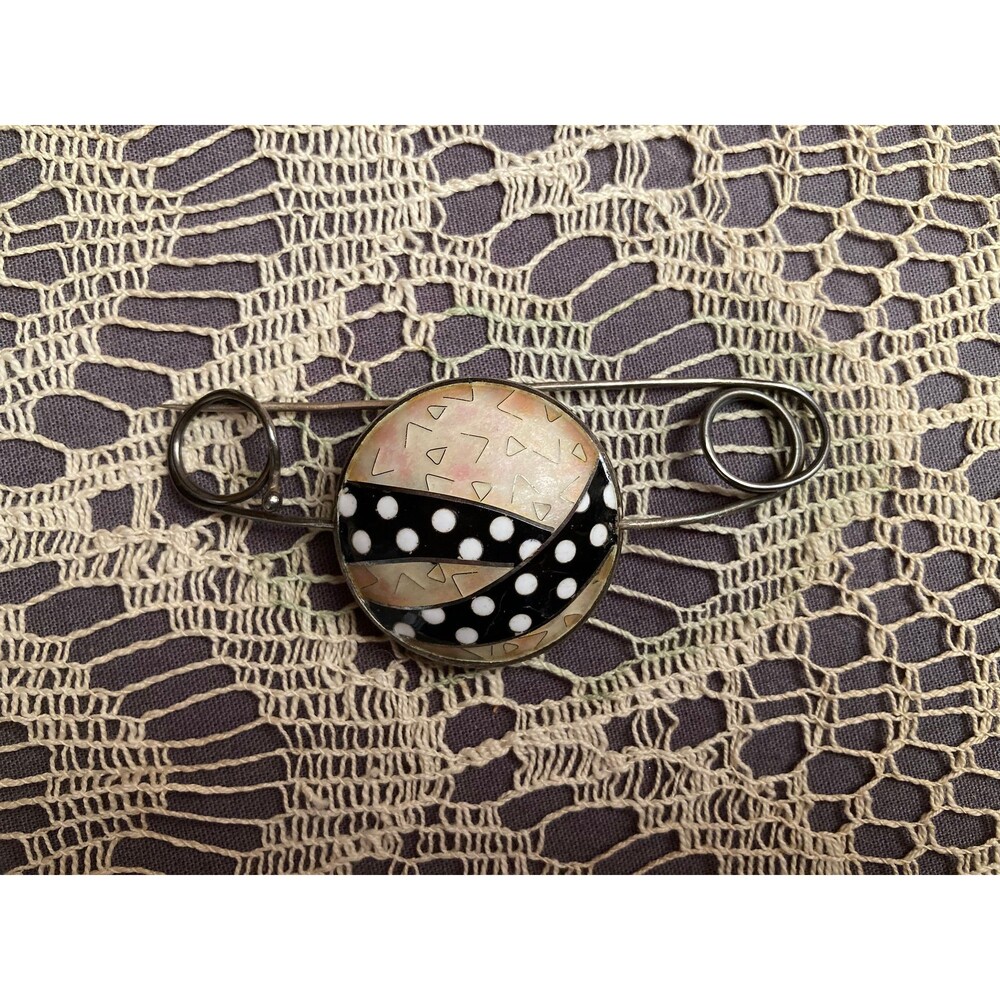 Vintage Shawl Pin Doubled Sided Enamel XL Safety Pin Boho New Wave Vintage 1980s